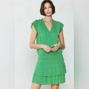 Current Air Anthropologie Zoey Smocked Dress Green Small Ruffled Pleated Print